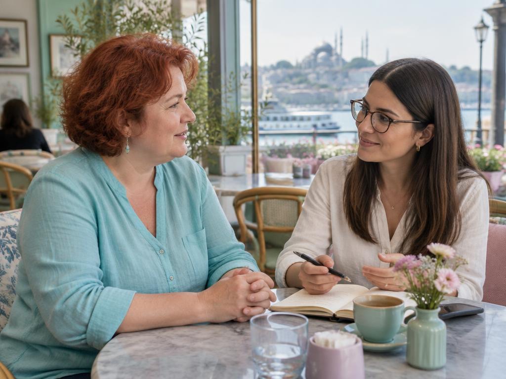 Şehirde bir kafede bir kadın ve sağlık danışmanı arasında örnek görüşme