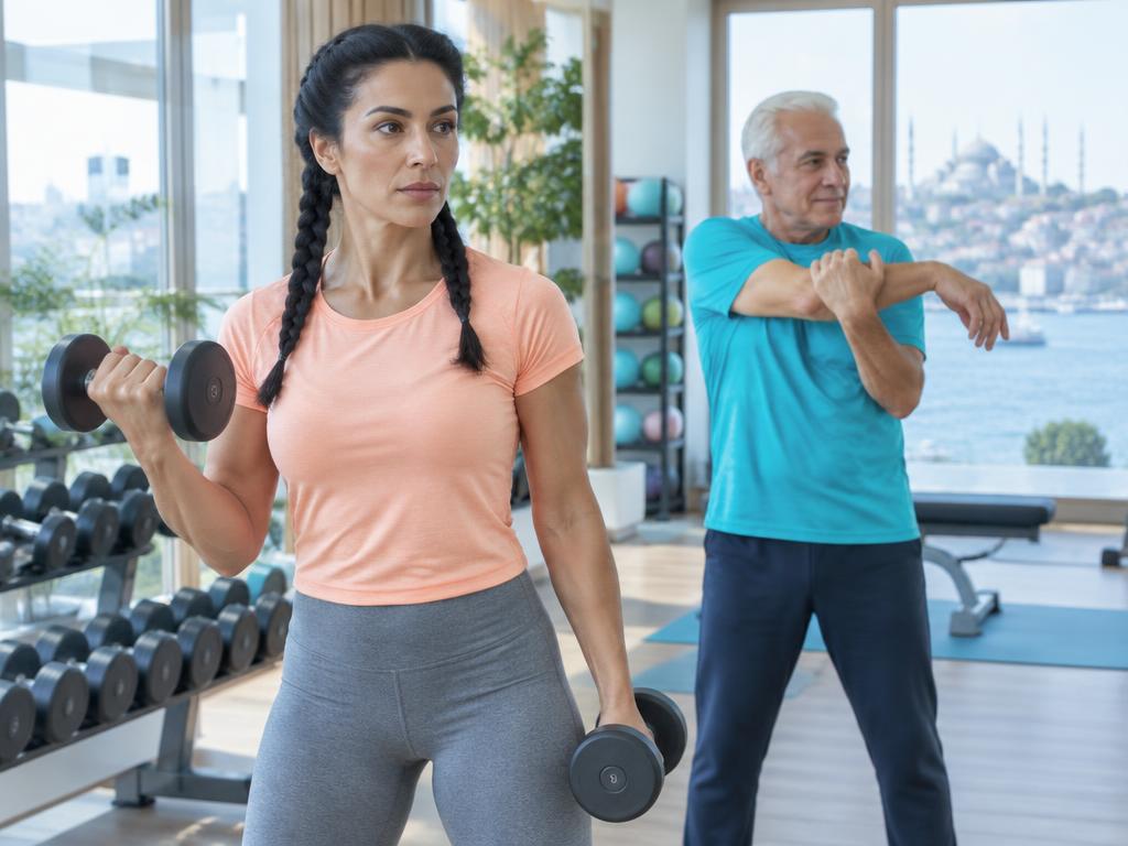 Modern bir spor salonunda farklı yaşlardan kadın ve erkek egzersiz yapıyor