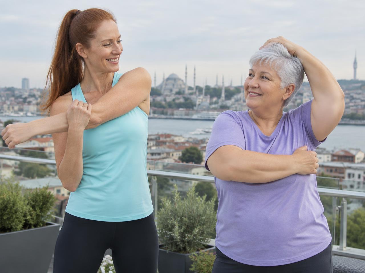 40'larında ve 60'larında iki kadın İstanbul'da bir terasta esneme egzersizi yapıyor