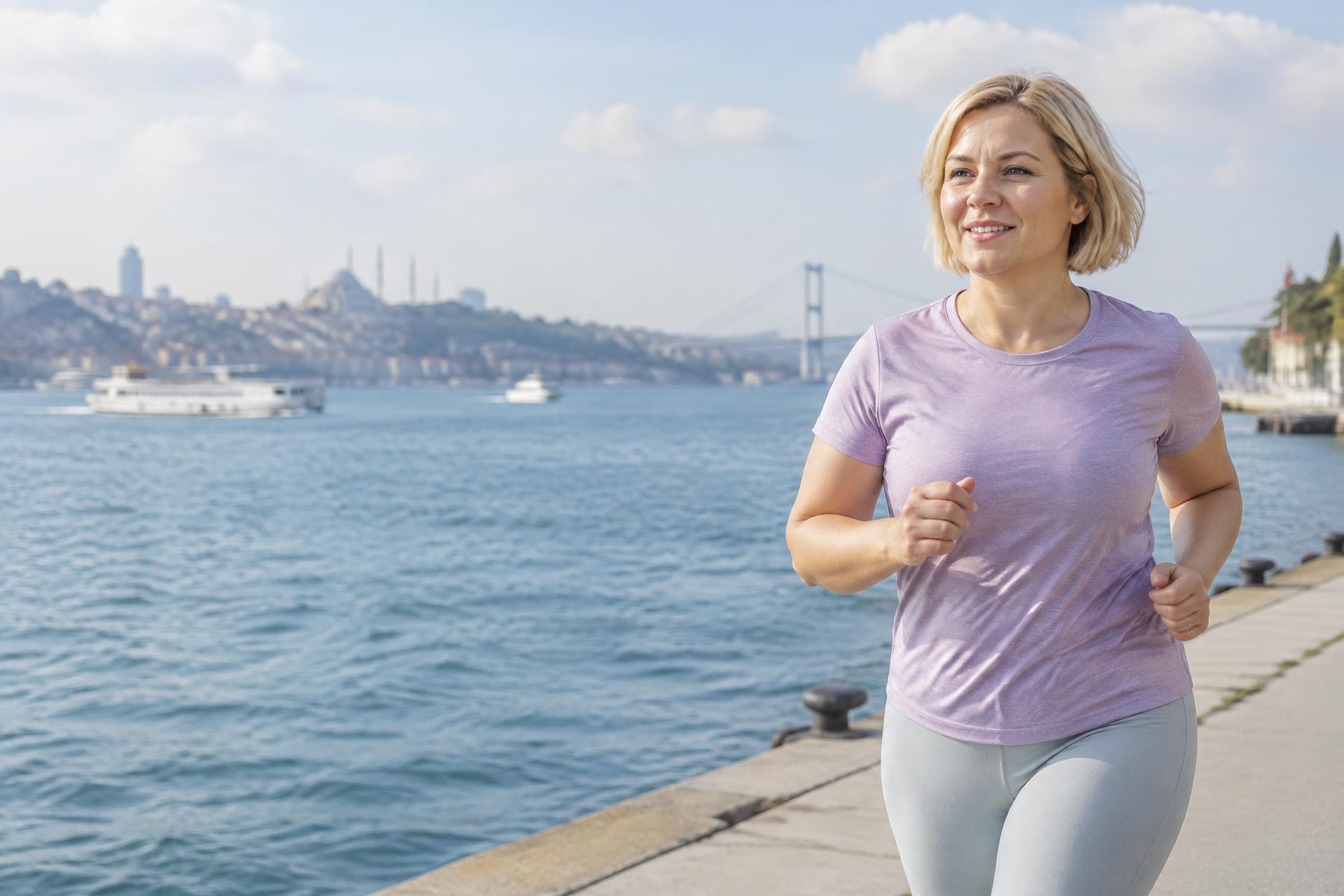 40 yaşlarında bir kadın İstanbul sahilinde koşuyor